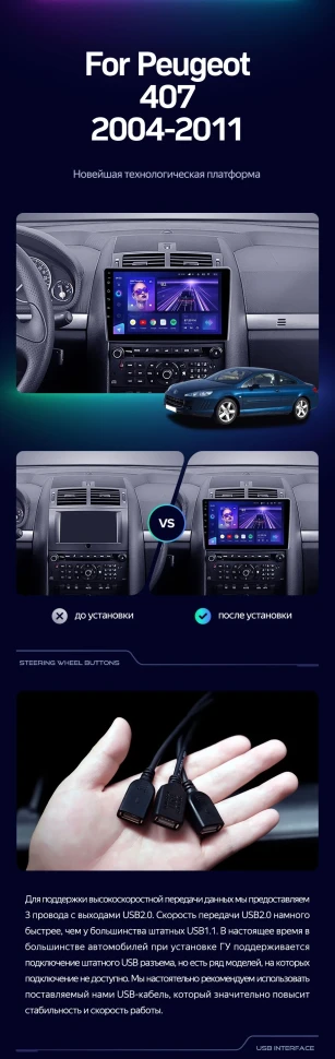 Штатная магнитола Teyes CC3 4/32 Peugeot 407 (2004-2011) F1